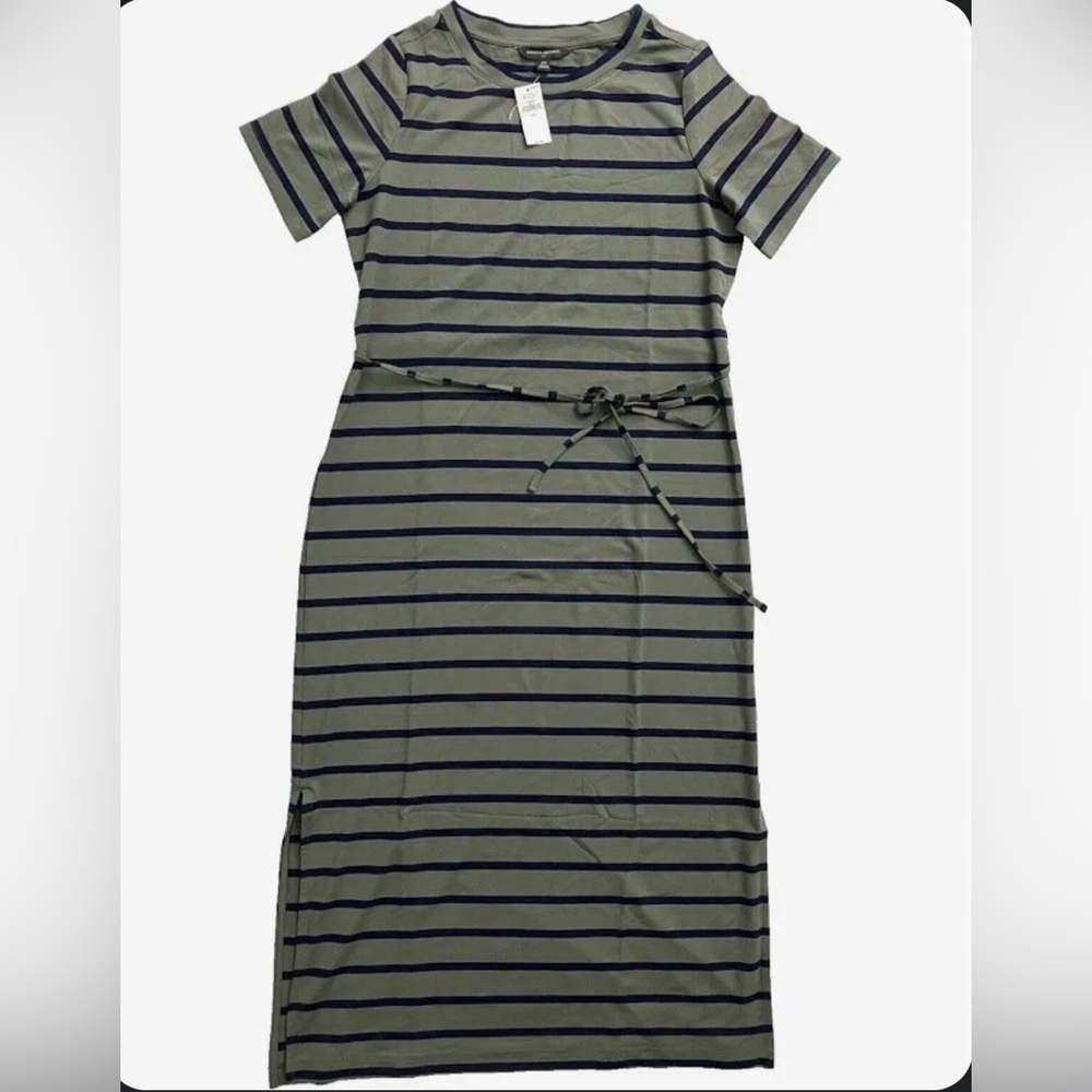 EUC | Banana Republic Green Striped T-shirt Dress | Tie Waist & Side Slits | XL